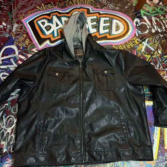 Y2K Arizona Vegan Leather Jacket with Hoodie - 4XL - Black Faux Leather - Picture 1 of 13